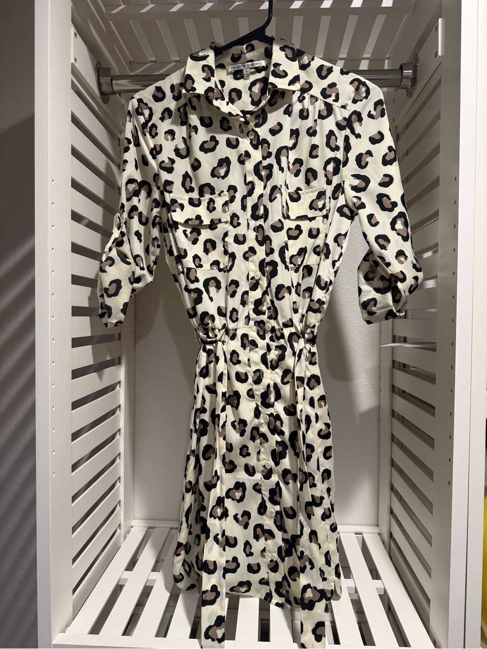 0016Collective Concepts Cream Leopard Midi Shirt Dress